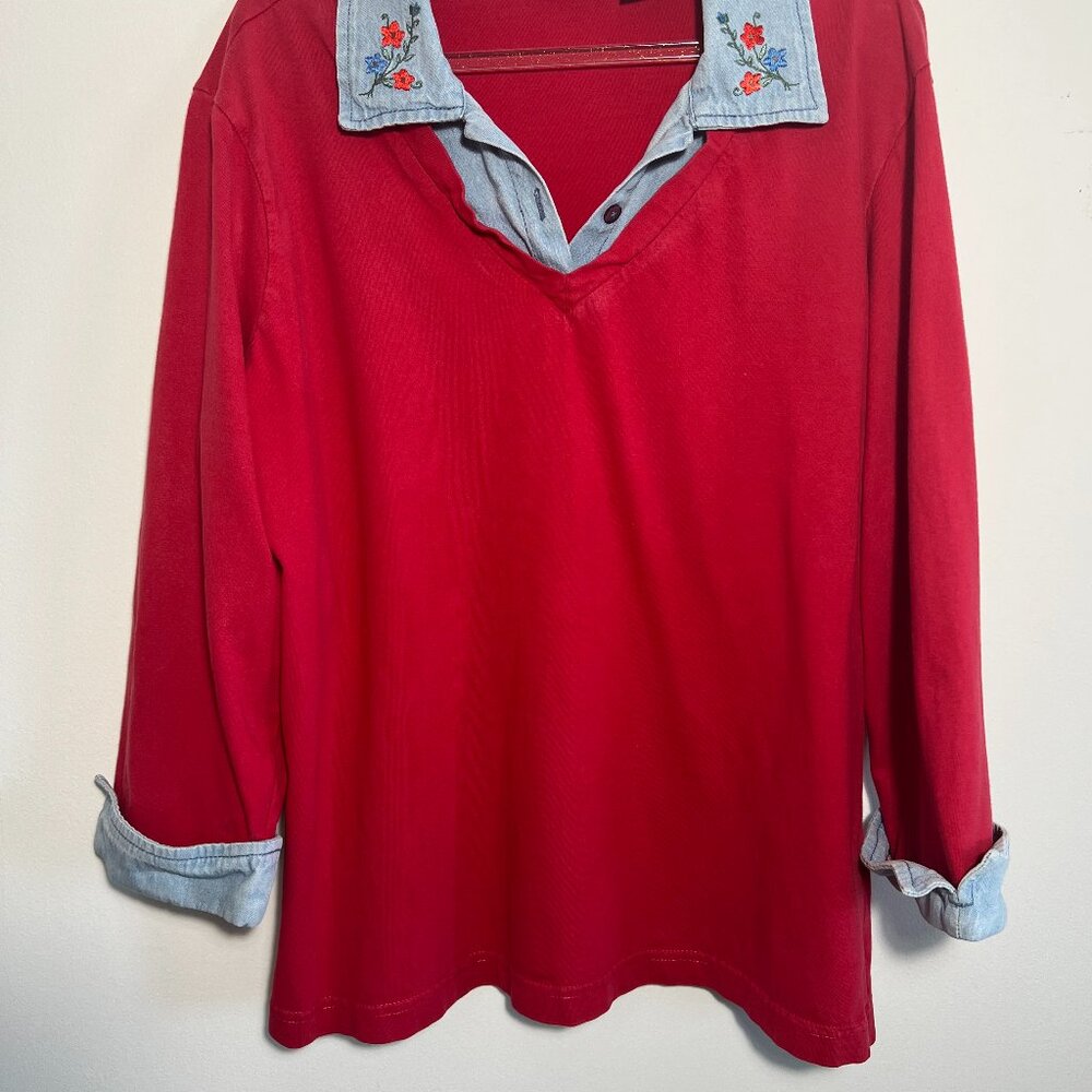 Blair 3/4 sleeve top red w/denim accents Size XL but will fit Large best